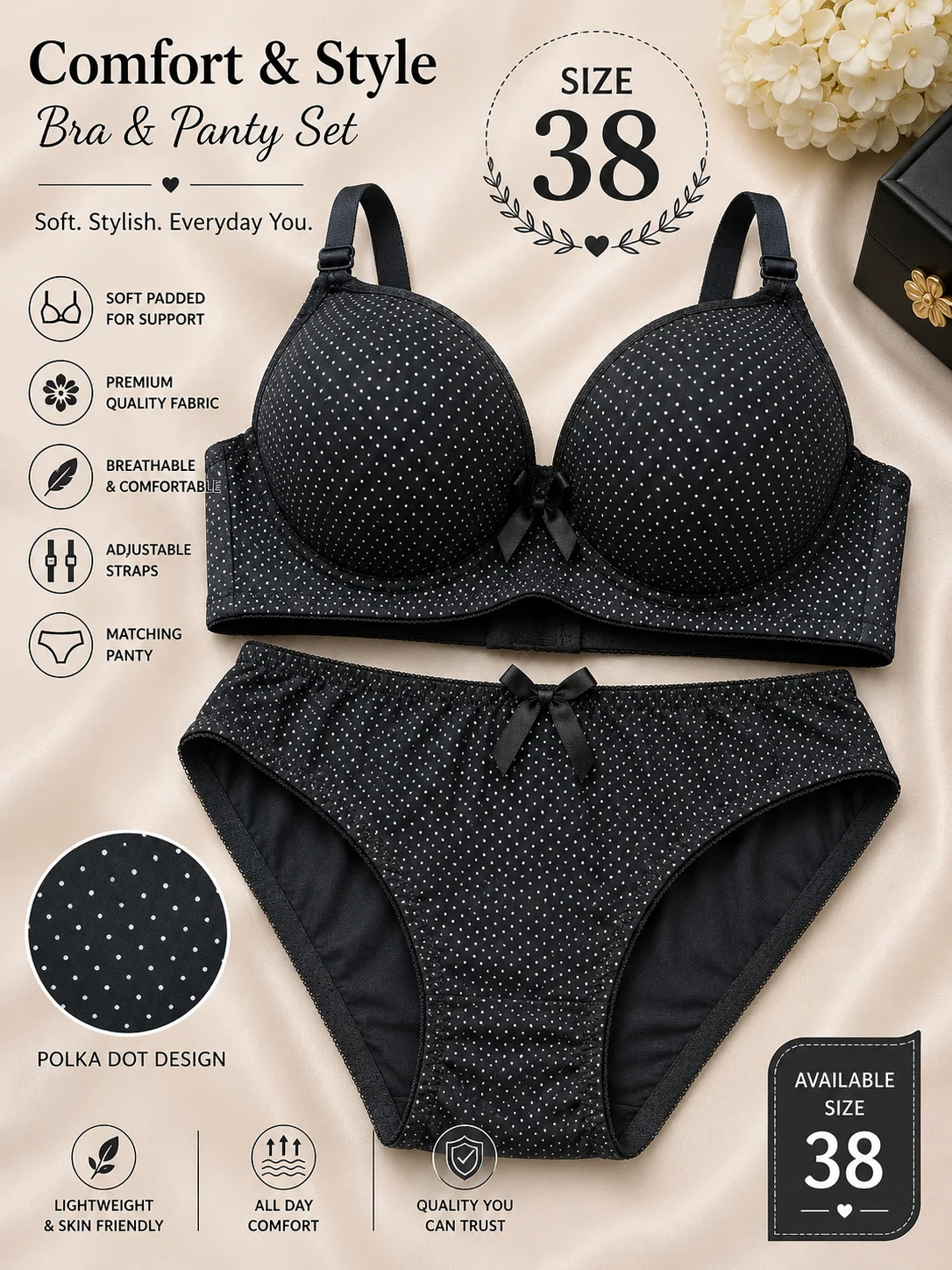 Women's Premium Polka Dot Bra & Panty Set – Soft Padded Lingerie | 6 Color Collection