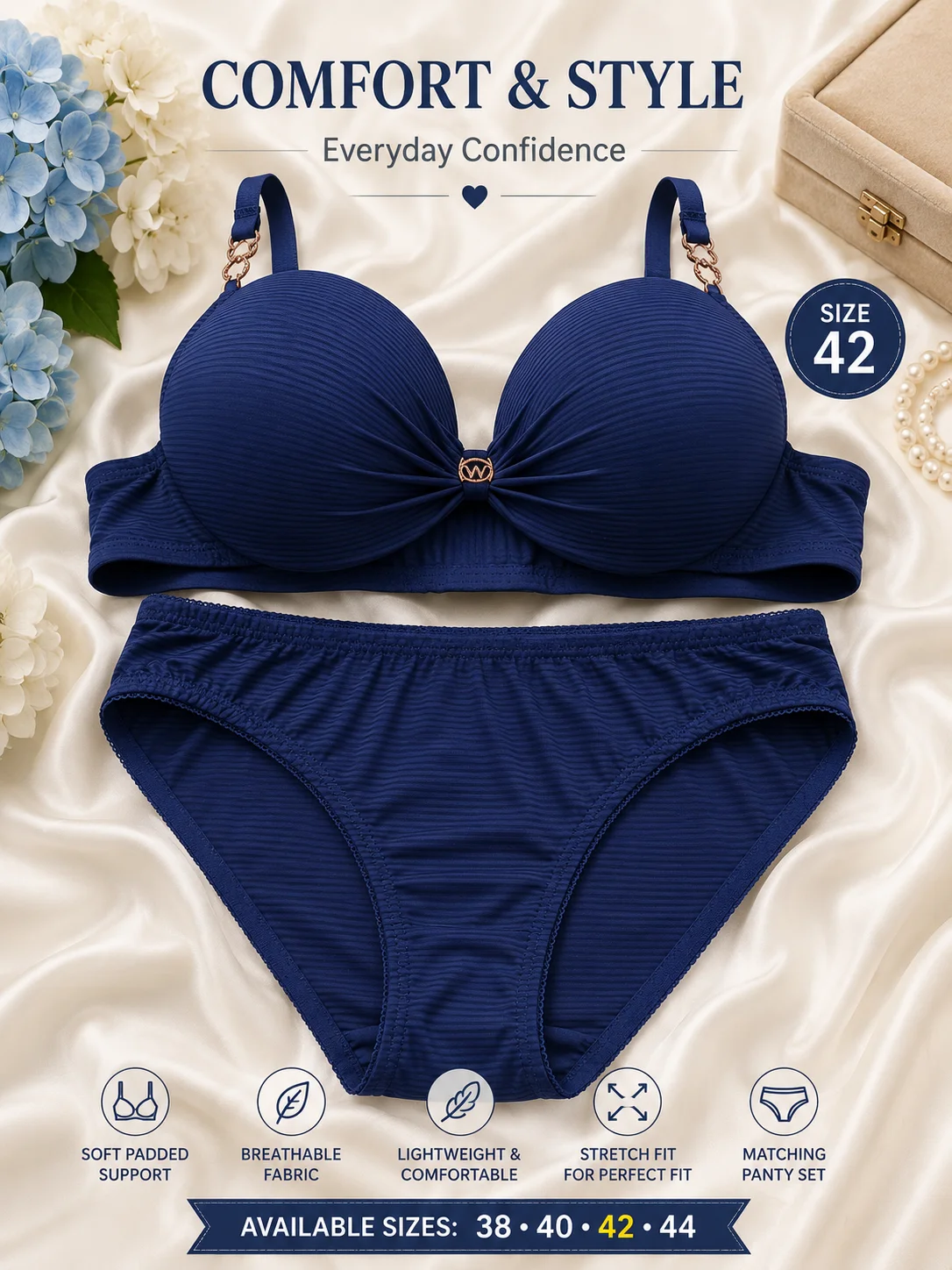 Women's Premium Ribbed Padded Bra & Panty Set | Soft & Comfortable | Available Sizes 36, 40 & 42