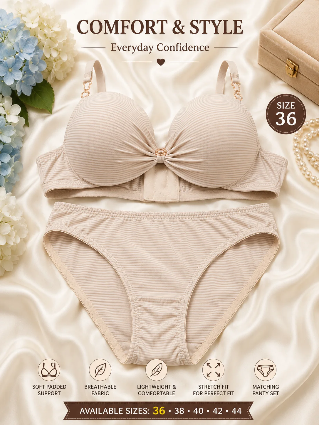 Women's Premium Ribbed Padded Bra & Panty Set | Soft & Comfortable | Available Sizes 36, 40 & 42