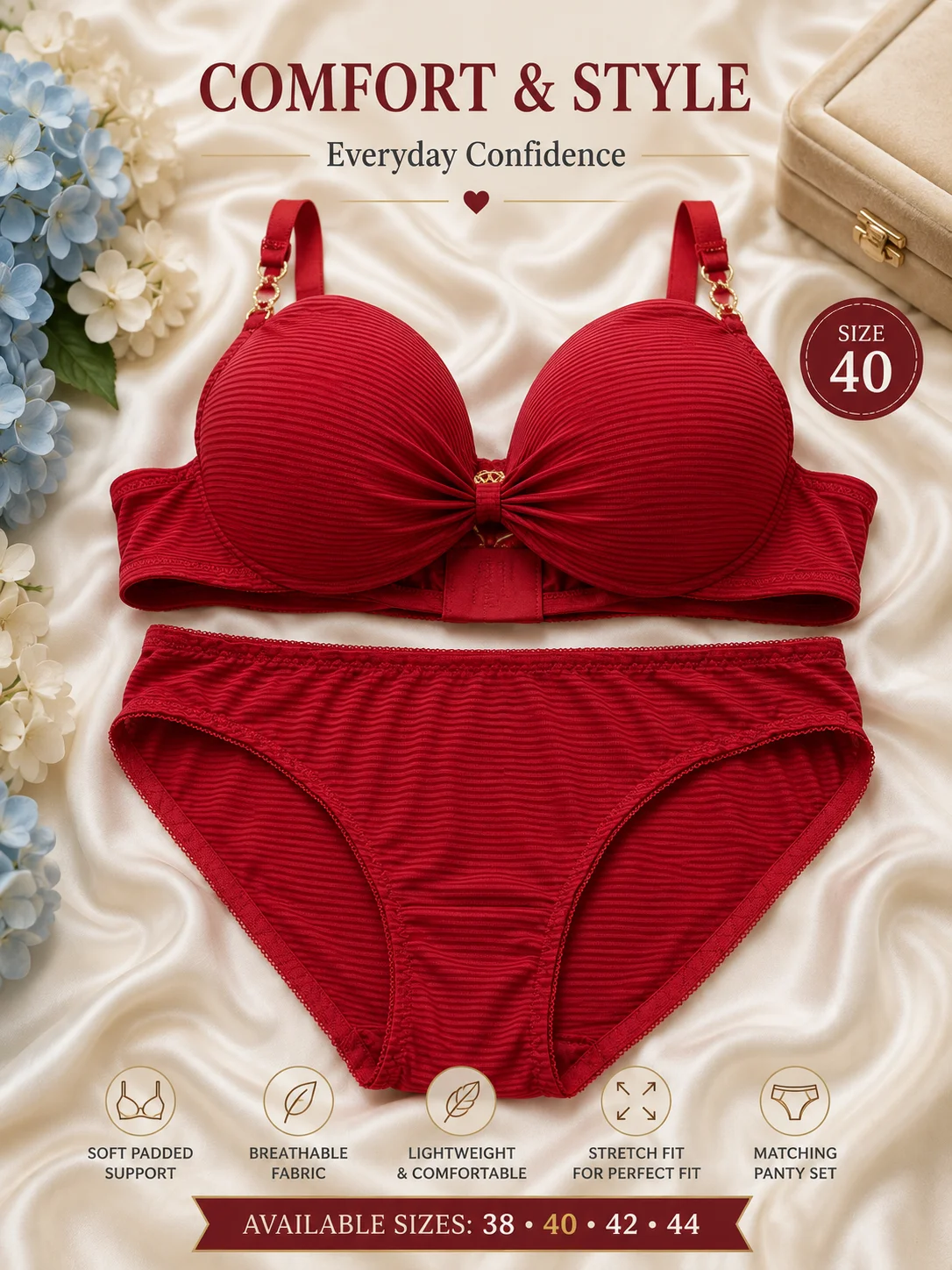 Women's Premium Ribbed Padded Bra & Panty Set | Soft & Comfortable | Available Sizes 36, 40 & 42