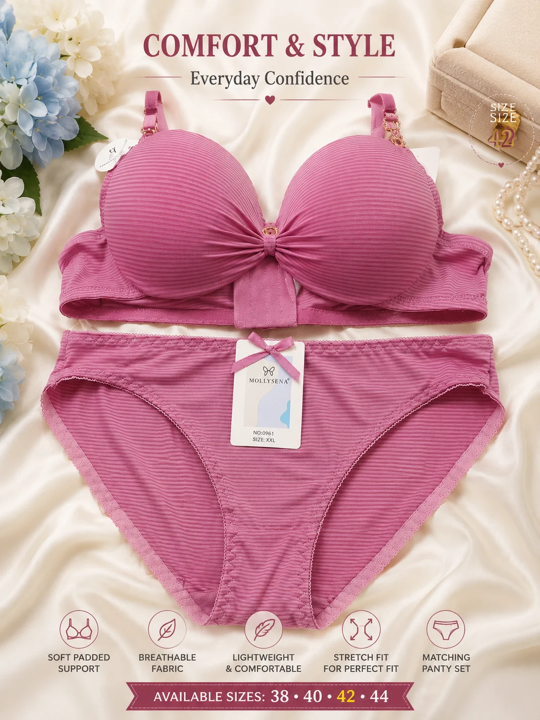 Women's Premium Ribbed Padded Bra & Panty Set | Soft & Comfortable | Available Sizes 36, 40 & 42
