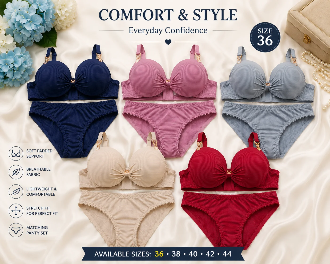 Women's Premium Ribbed Padded Bra & Panty Set | Soft & Comfortable | Available Sizes 36, 40 & 42