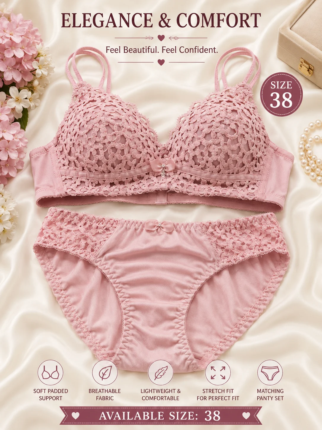 Women's Floral Lace Soft Padded Bra & Panty Set – Elegant Everyday Lingerie | Size 38