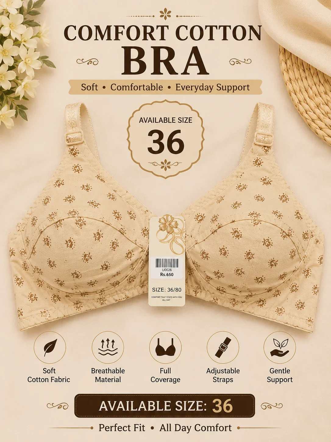 Jersey Cotton Bra – Soft Everyday Comfort | Available Sizes: 32, 36