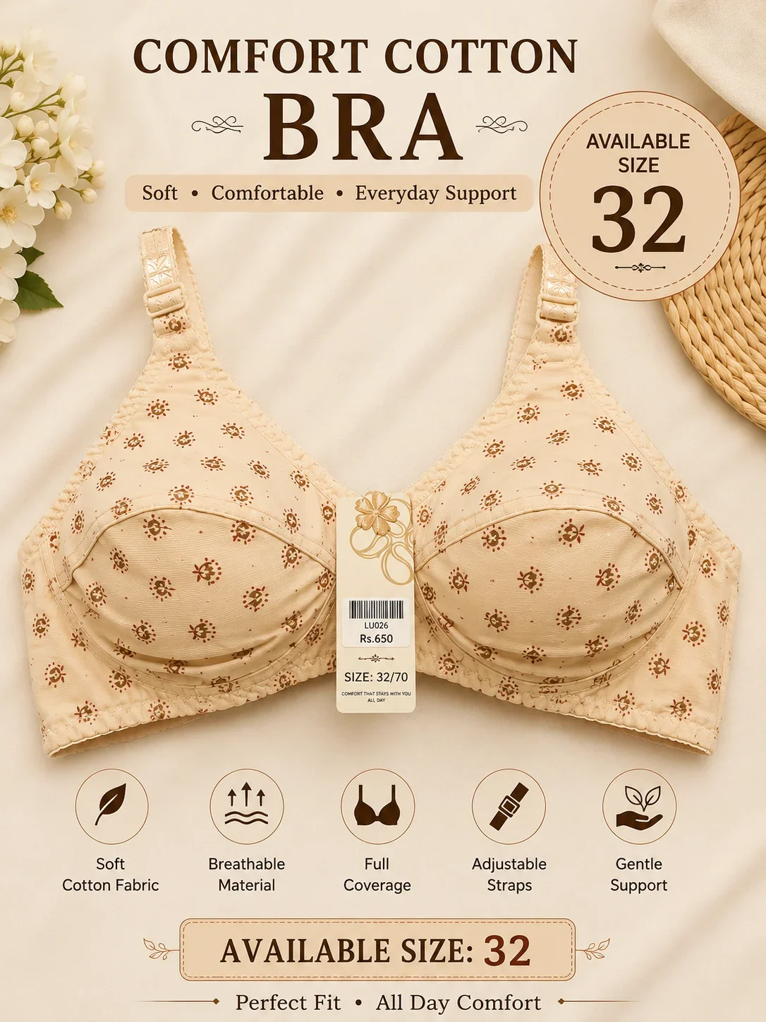 Jersey Cotton Bra – Soft Everyday Comfort | Available Sizes: 32, 36