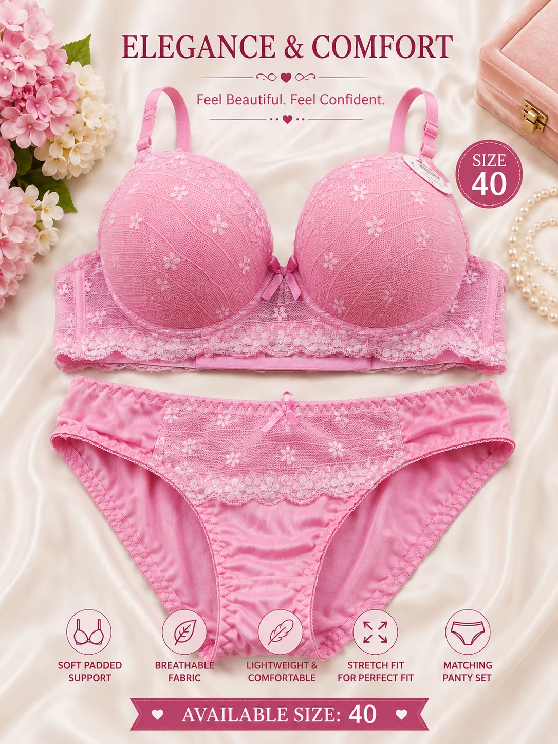 Luxury Pink Floral Lace Bra & Panty Set – Soft Padded Comfortable Lingerie | Size 40