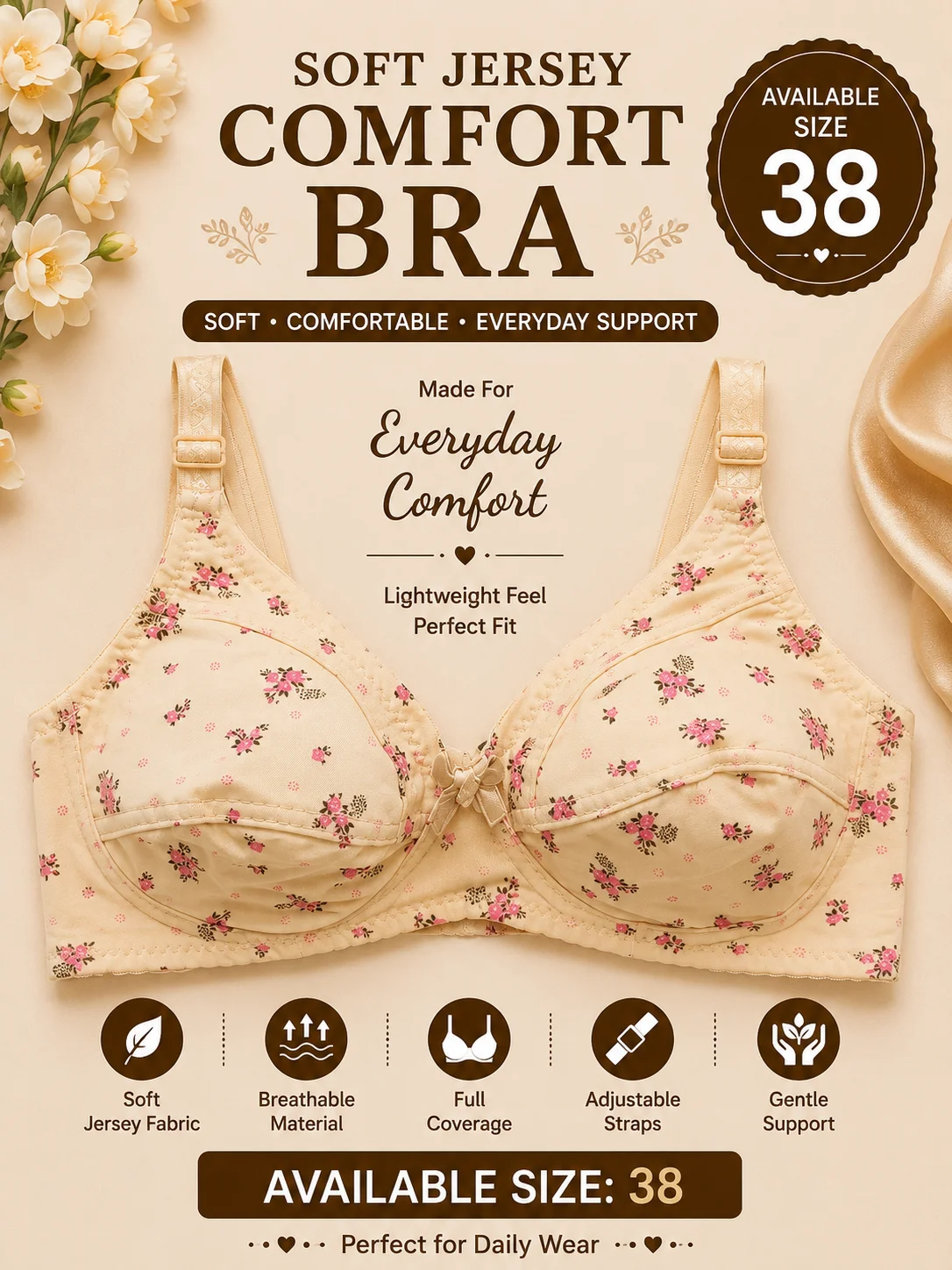 Premium Floral Jersey Comfort Bra – Soft Everyday Support | Size 38