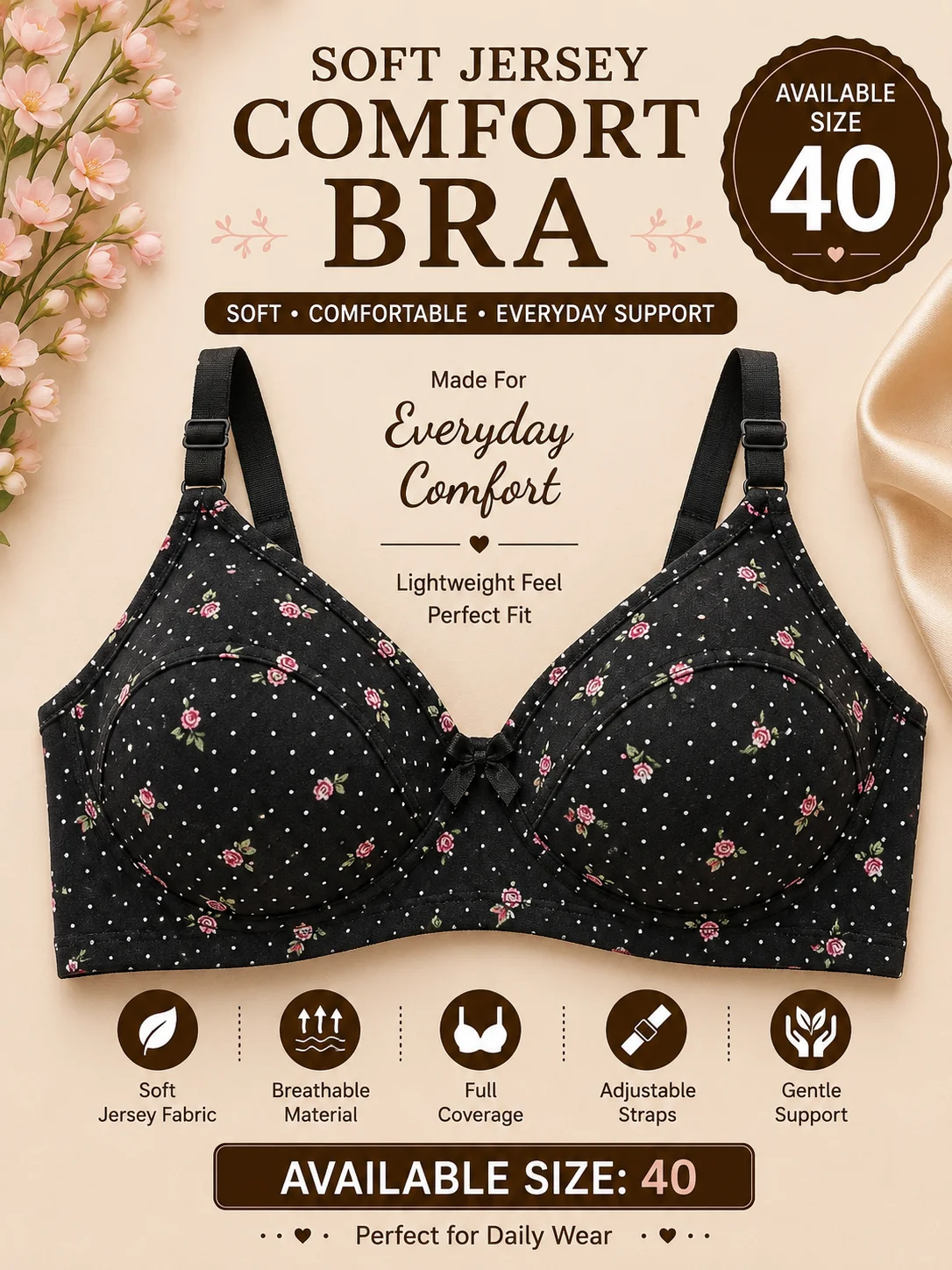 Premium Floral Jersey Comfort Bra – Soft Support | Size 40