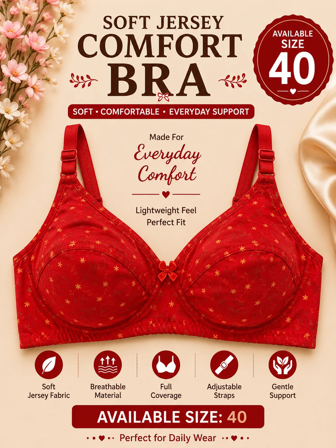 Premium Red Jersey Comfort Bra – Soft Support | Size 40