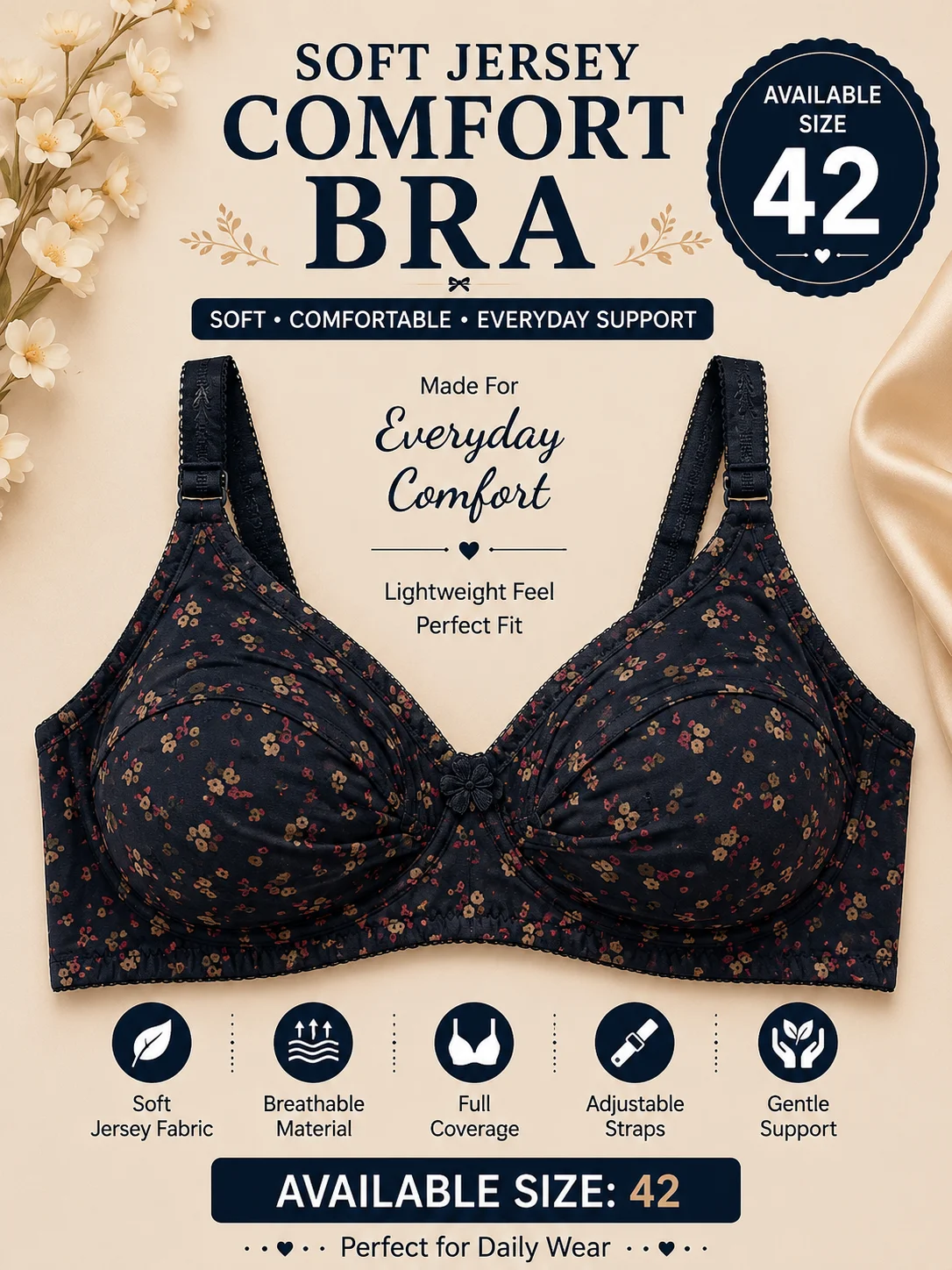 Women's Floral Jersy Comfort Bra – Size 42