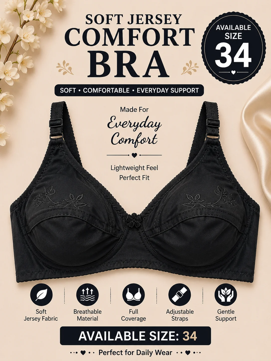 Women's Classic Black Jersy Support Bra – Size 34