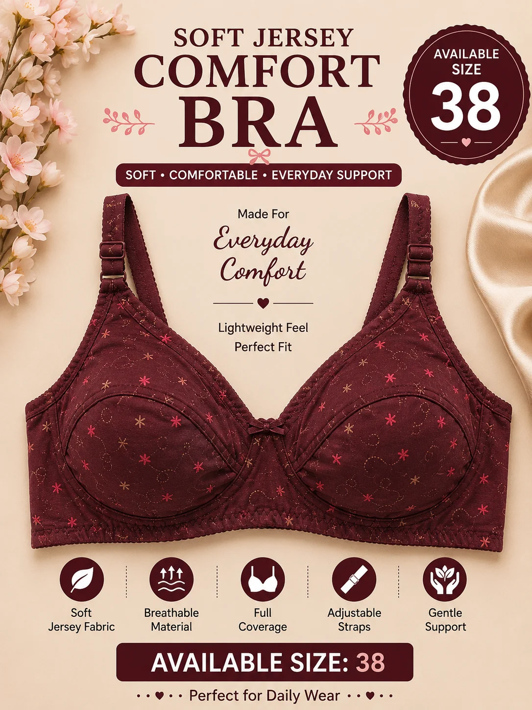 Women's Maroon Printed Jersy Comfort Bra – Size 38