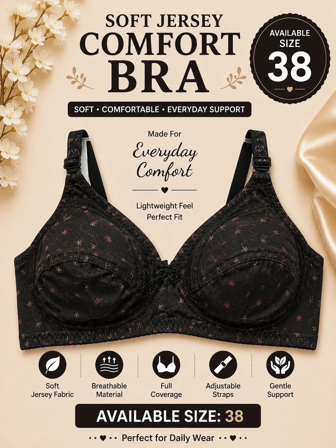 Women's Black Printed Jersy Comfort Bra – Size 38