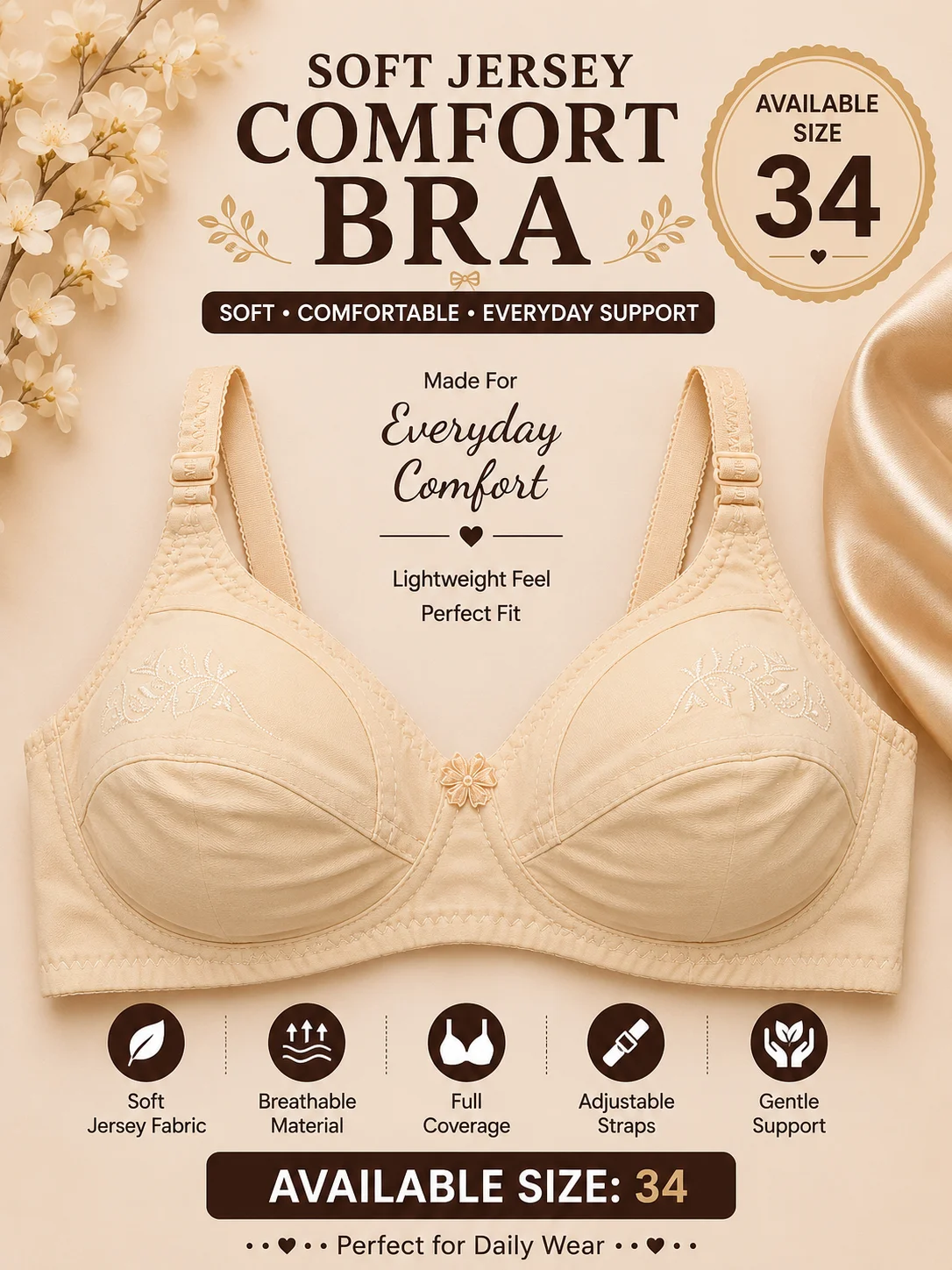 Women's Soft Cotton Comfort Bra – Skin Color | Size 34