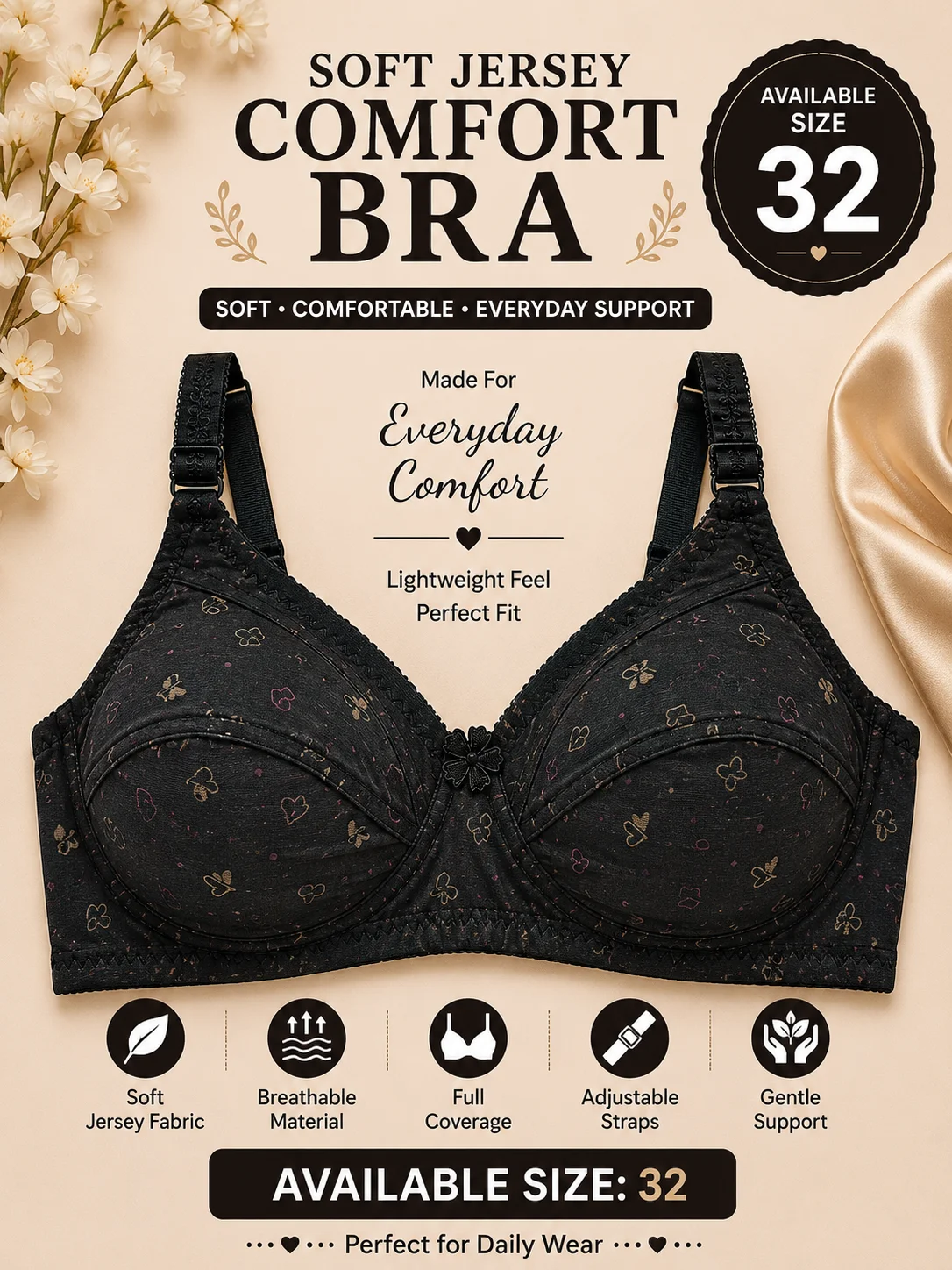 Women's Printed Cotton Comfort Bra – Black | Size 32