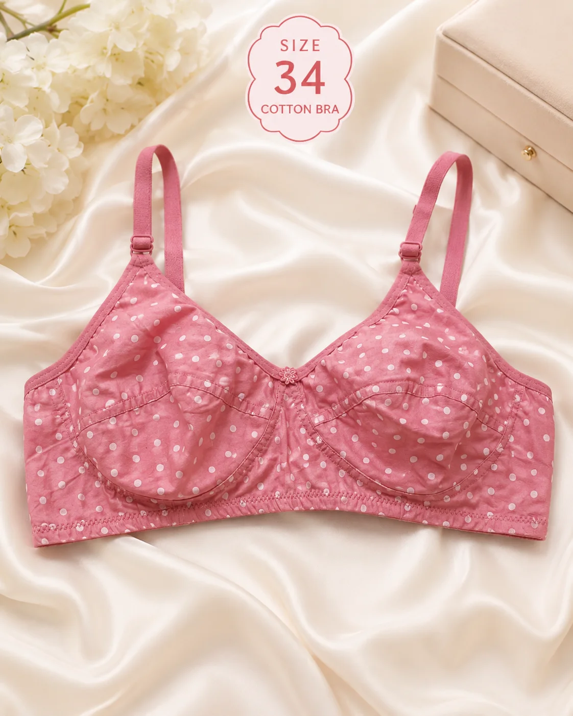 Women's Soft Cotton Polka Dot Bra – Comfortable Everyday Wear | Size 34