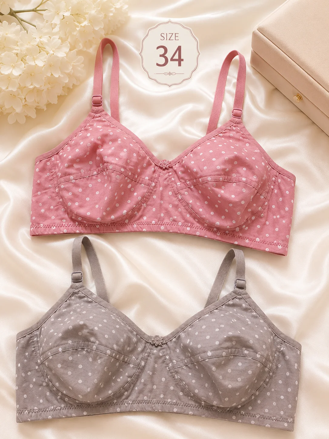 Women's Soft Cotton Polka Dot Bra – Comfortable Everyday Wear | Size 34
