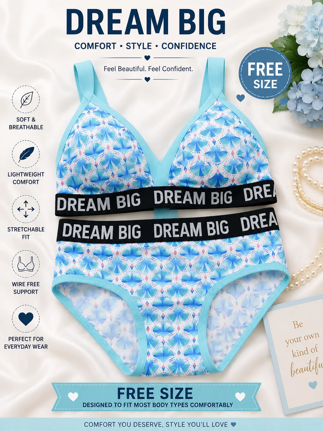 Dream Big Printed Cotton Bra & Panty Set – Soft Comfortable Wireless Lingerie | Free Size
