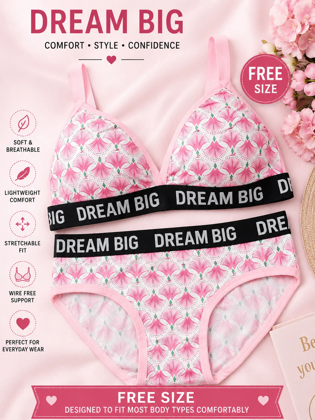 Dream Big Printed Cotton Bra & Panty Set – Soft Comfortable Wireless Lingerie | Free Size