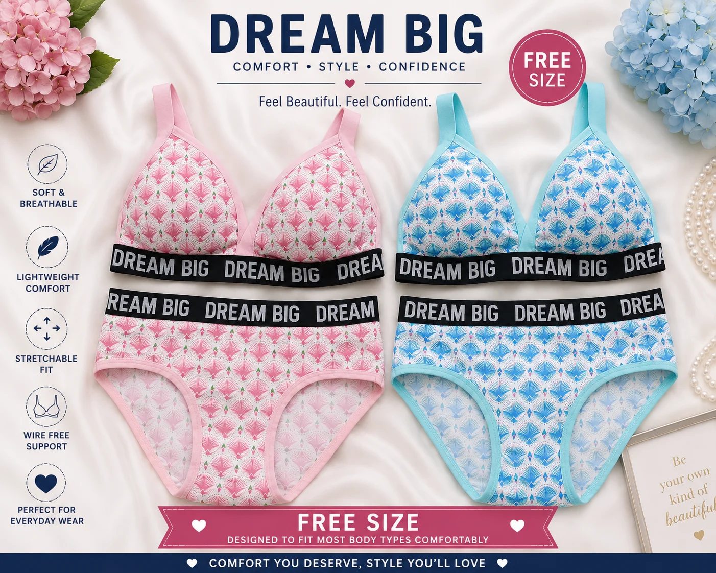 Dream Big Printed Cotton Bra & Panty Set – Soft Comfortable Wireless Lingerie | Free Size
