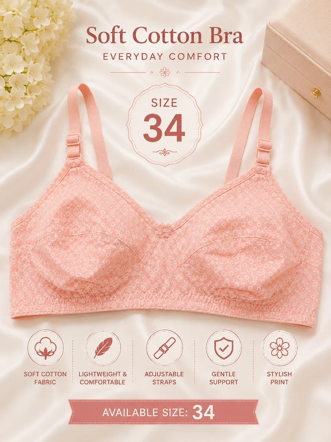 Women's Soft Cotton Printed Bra – Everyday Comfort | Available Sizes 32 & 34