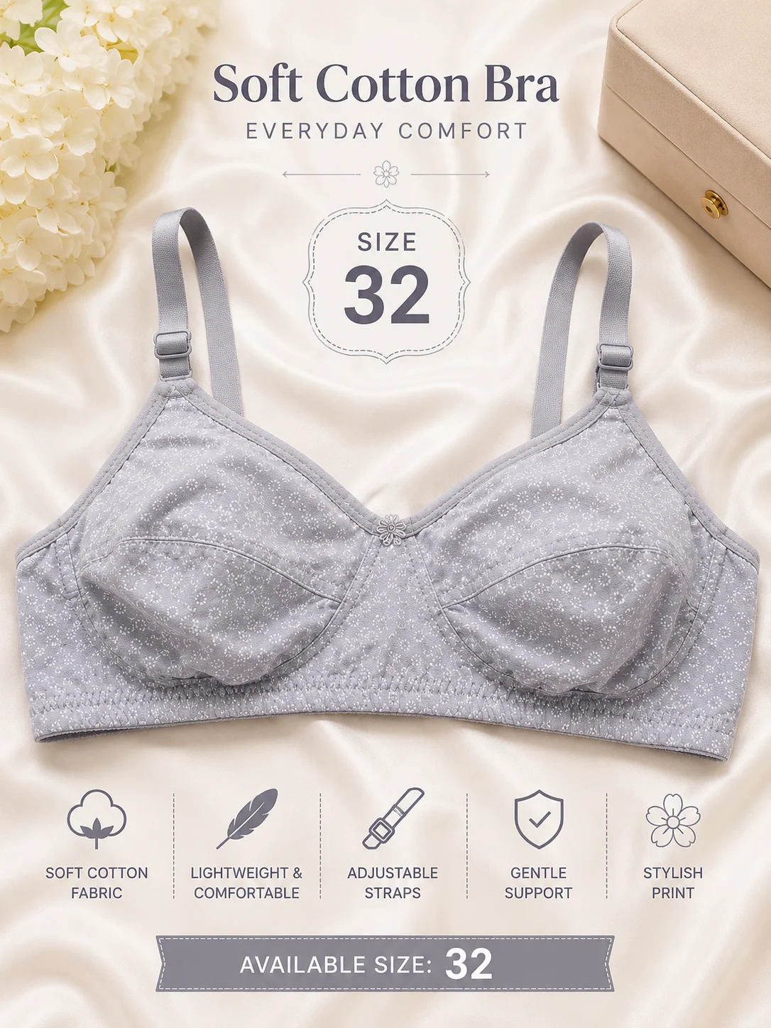 Women's Soft Cotton Printed Bra – Everyday Comfort | Available Sizes 32 & 34