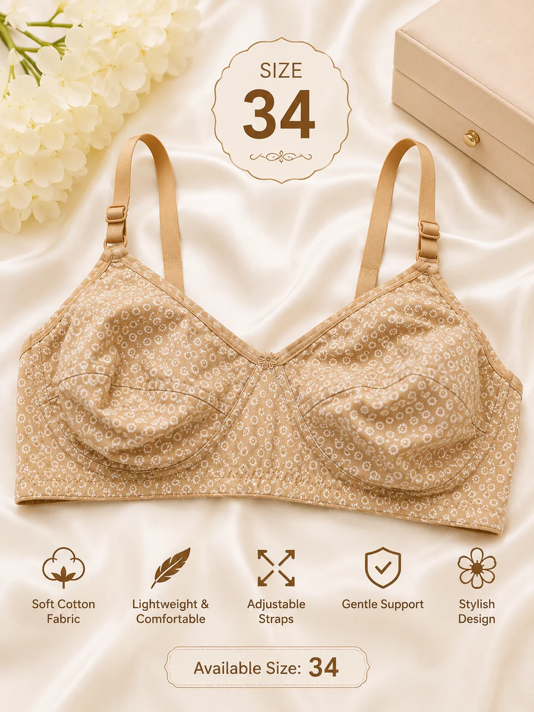 Women's Soft Cotton Printed Bra – Everyday Comfort | Available Sizes 32 & 34