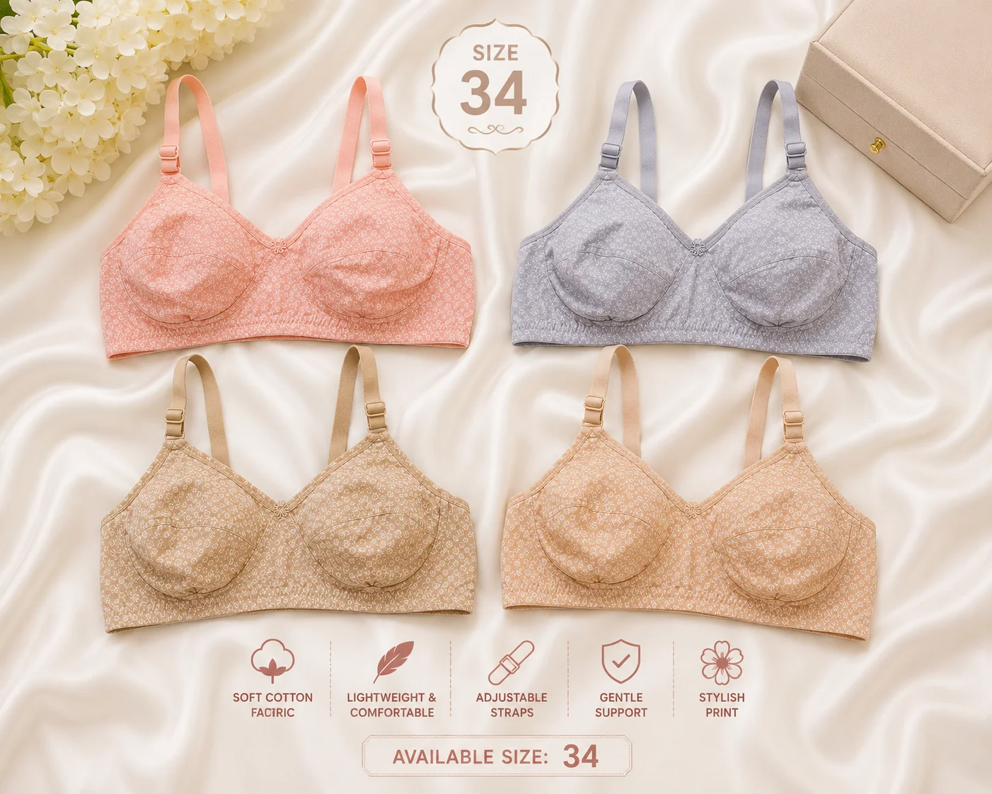 Women's Soft Cotton Printed Bra – Everyday Comfort | Available Sizes 32 & 34