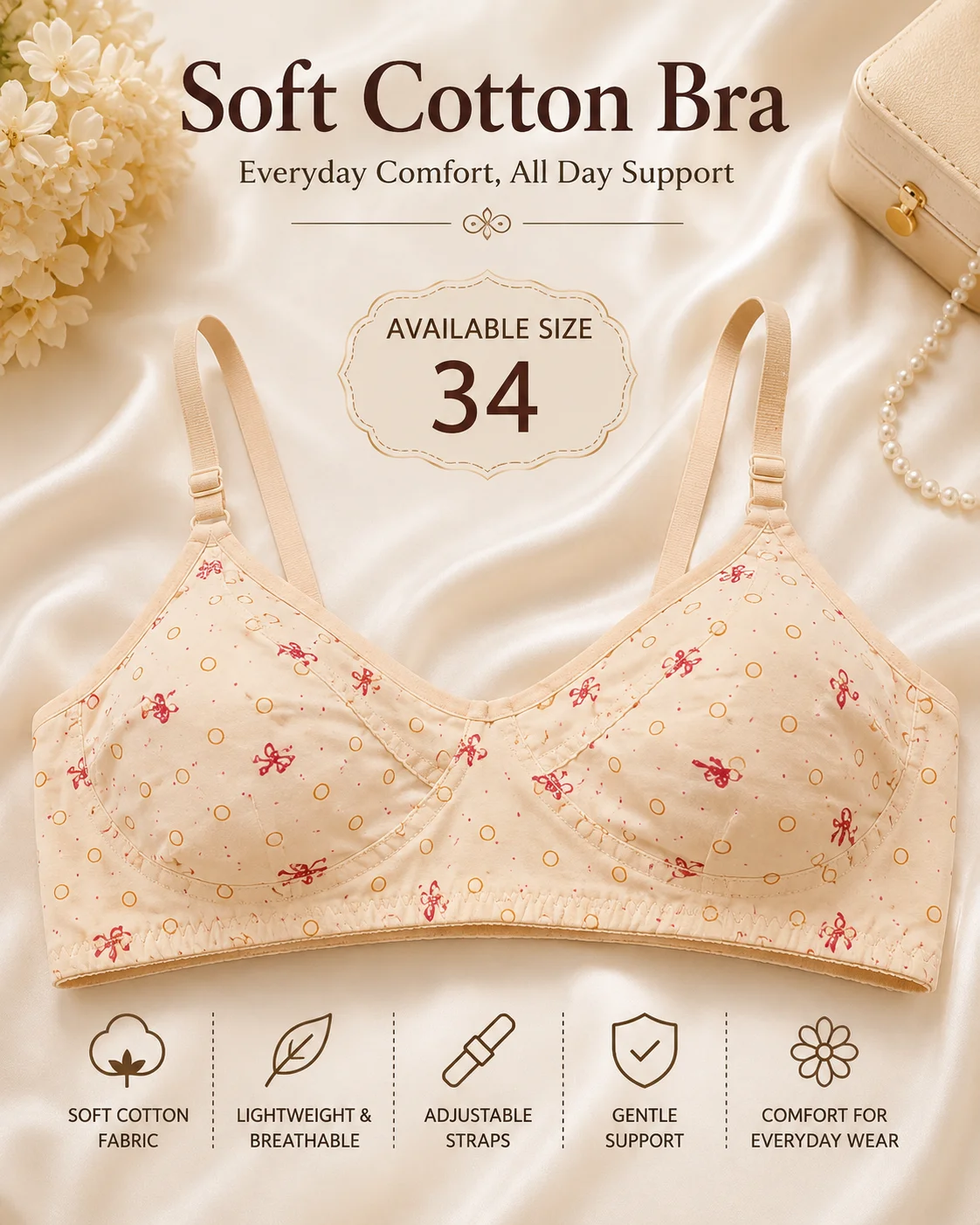 Women's Soft Cotton Printed Bra – Everyday Comfort | Size 32, 34