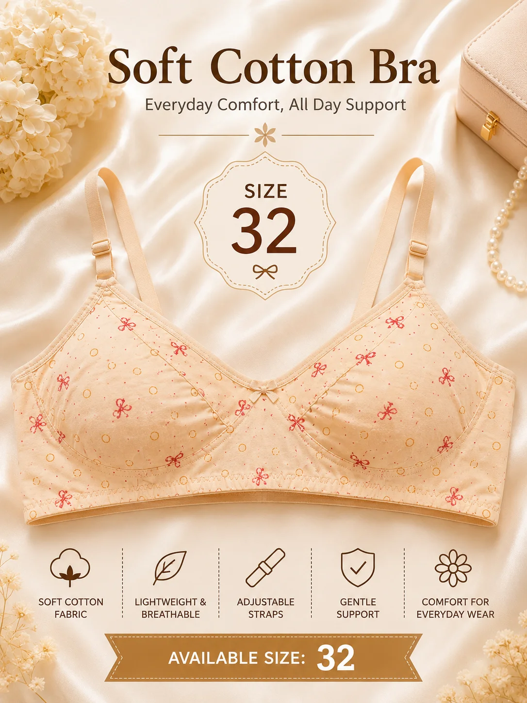 Women's Soft Cotton Printed Bra – Everyday Comfort | Size 32, 34