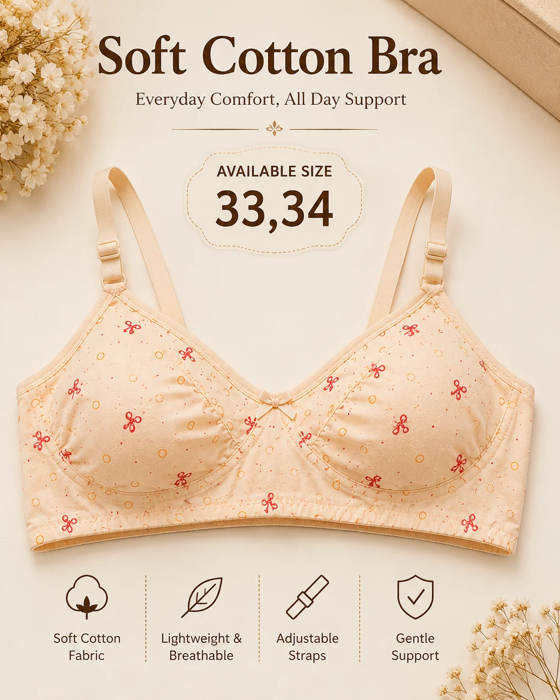 Women's Soft Cotton Printed Bra – Everyday Comfort | Size 32, 34