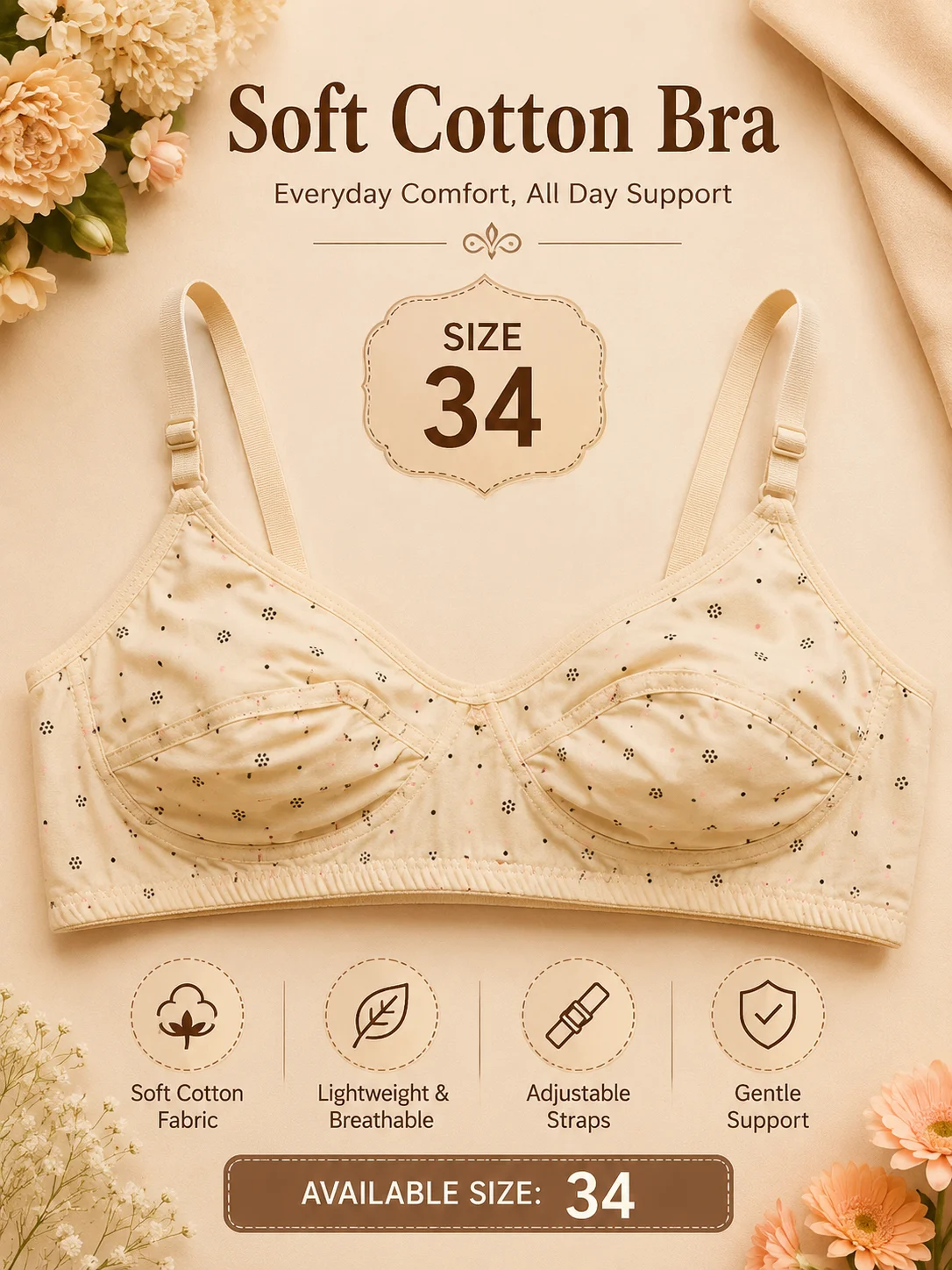 Women's Soft Cotton Printed Bra – Everyday Comfort | Available Sizes 32 & 34