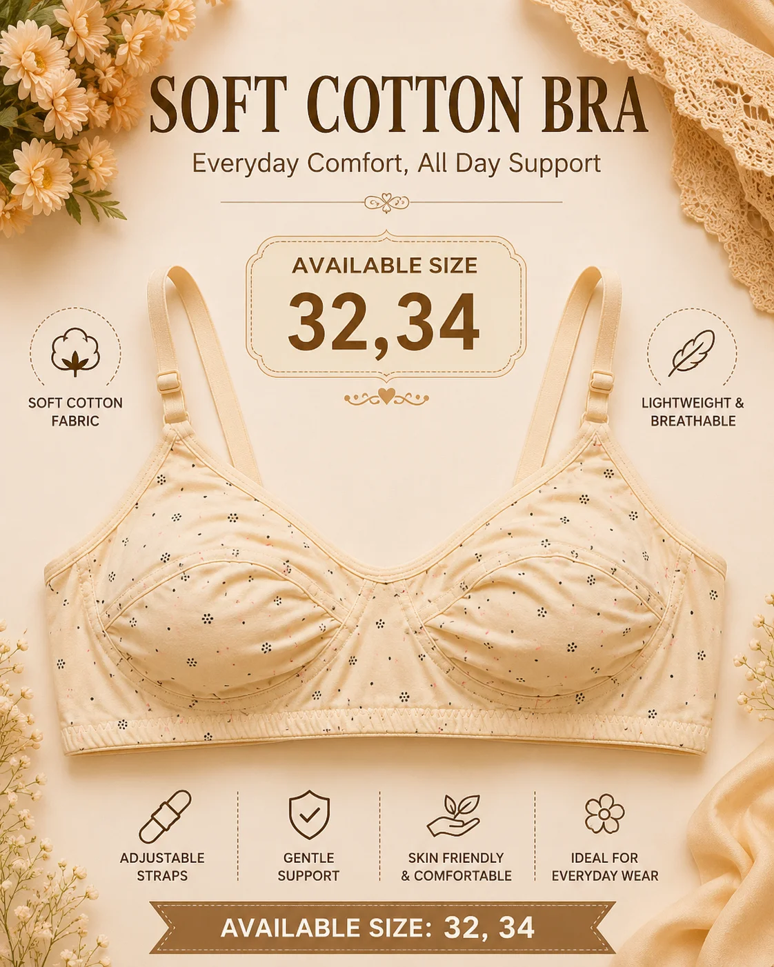 Women's Soft Cotton Printed Bra – Everyday Comfort | Available Sizes 32 & 34