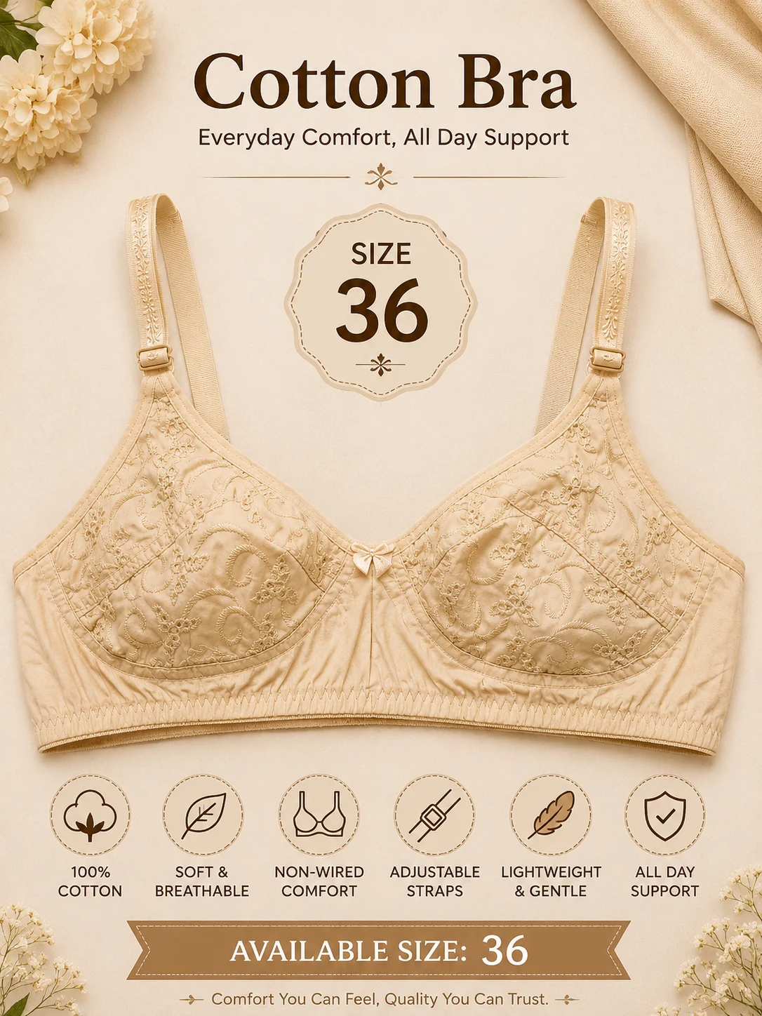 Premium Cotton Embroidered Bra – Soft & Comfortable Daily Wear (Size 36)