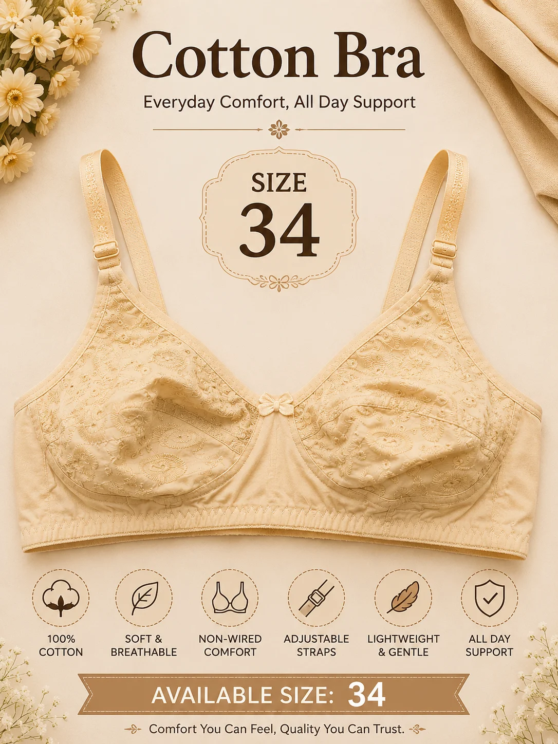 Premium Cotton Embroidered Bra – Soft & Comfortable Daily Wear (Size 34)