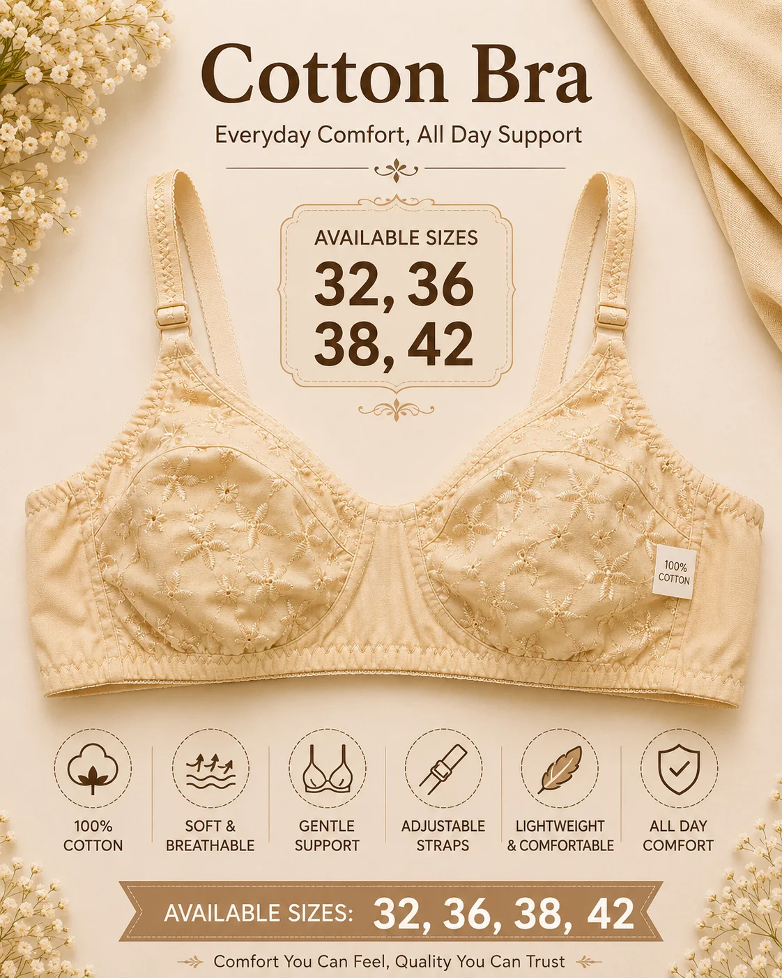 Premium Embroidered Cotton Bra – Soft & Comfortable Everyday Wear