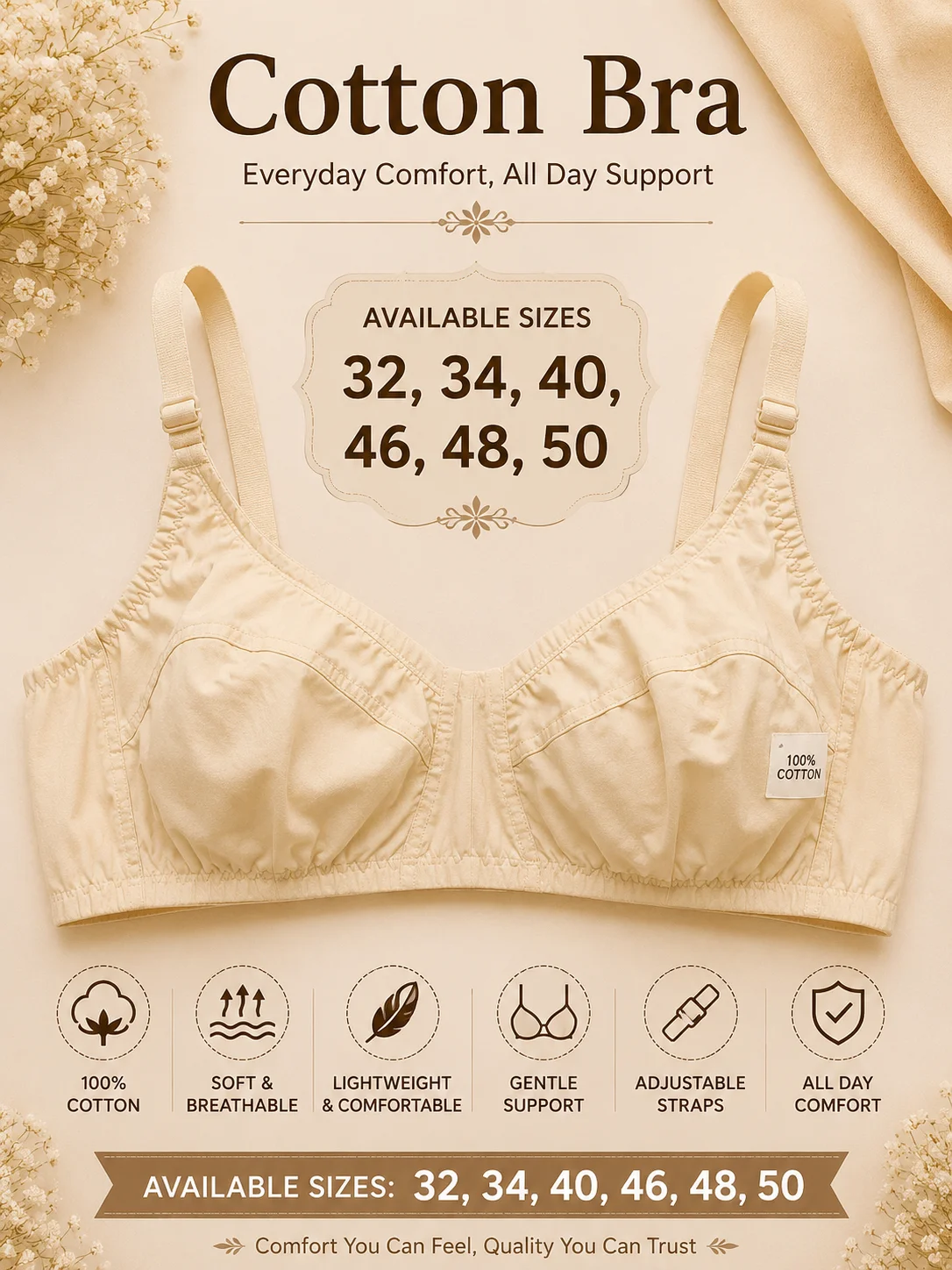 Women's Soft Cotton Full Coverage Bra | Available Sizes: 32, 34, 40, 44, 46, 48, 50