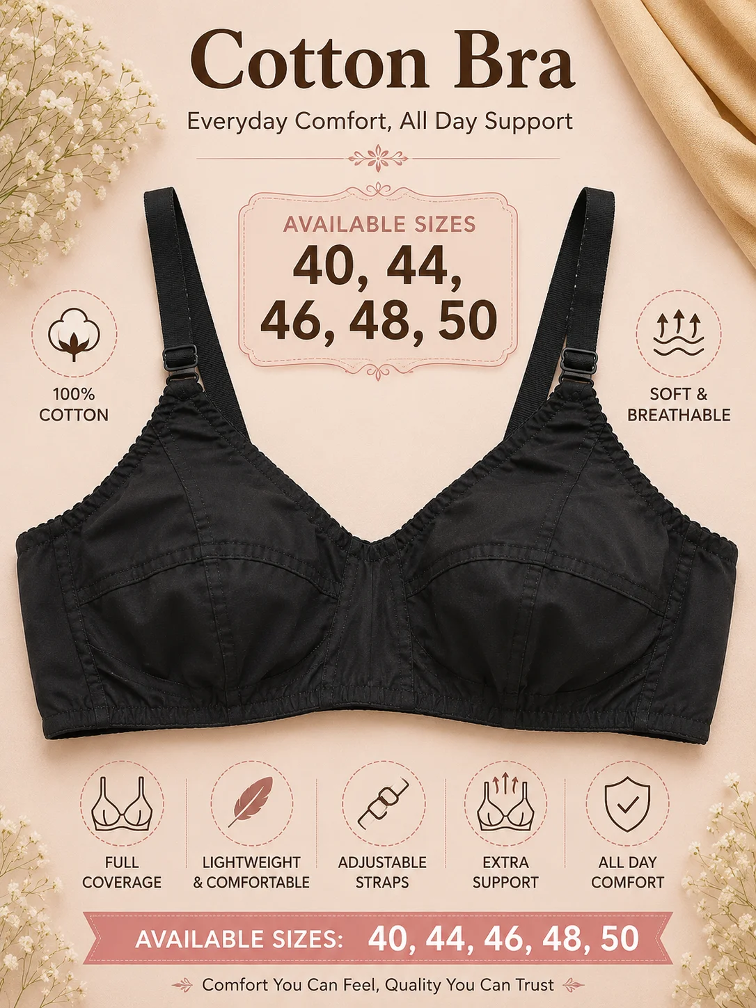 Women's Soft Cotton Full Coverage Bra | Available Sizes: 32, 34, 40, 44, 46, 48, 50