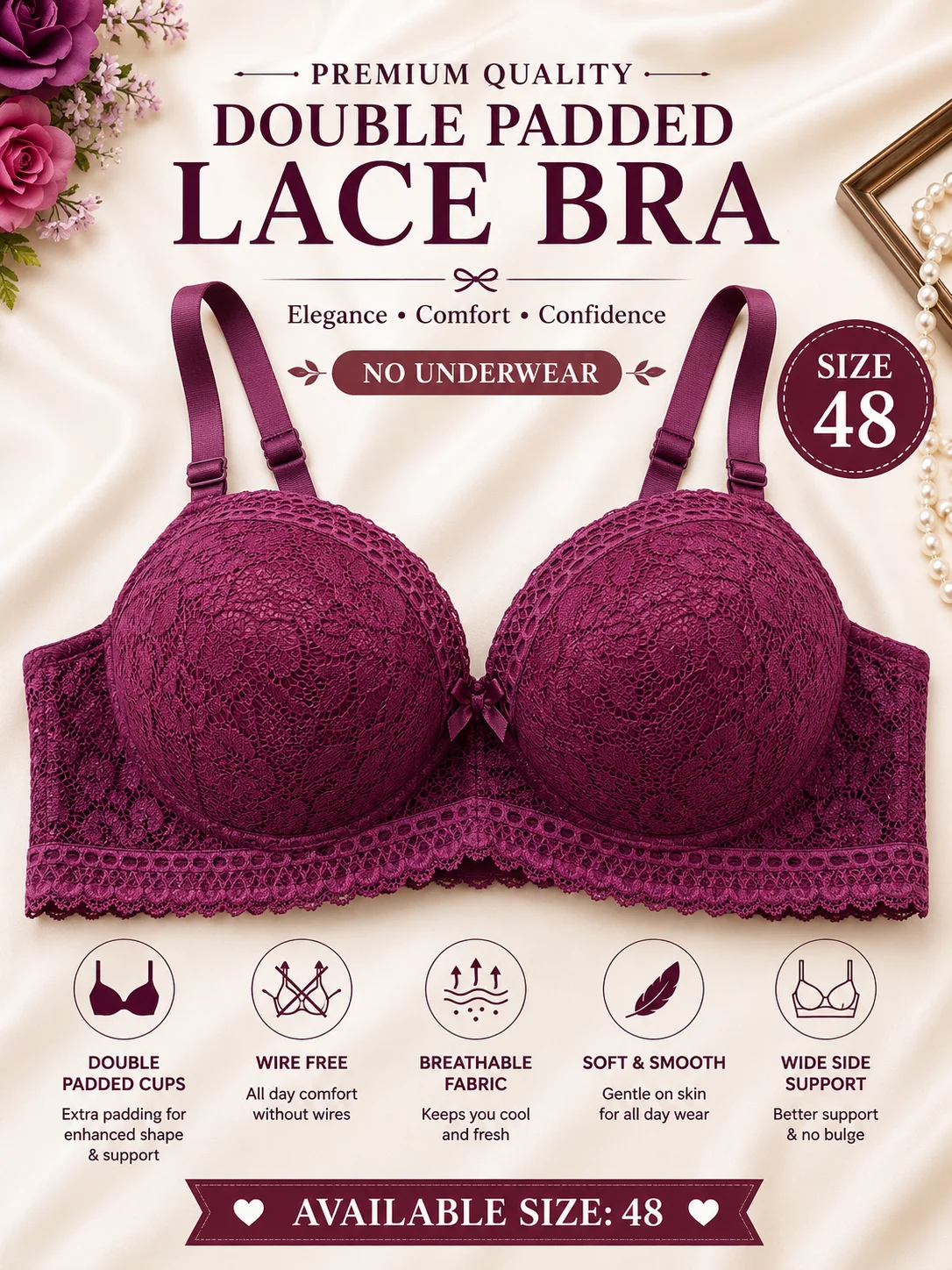 Premium Floral Lace Double Padded Bra – Soft Support | Size 38,44,48