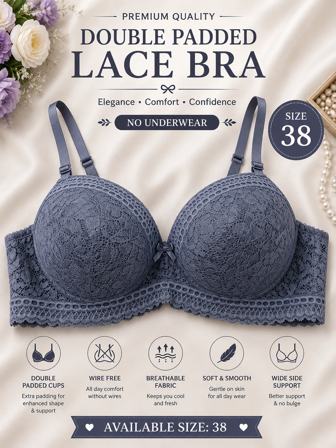 Premium Floral Lace Double Padded Bra – Soft Support | Size 38,44,48