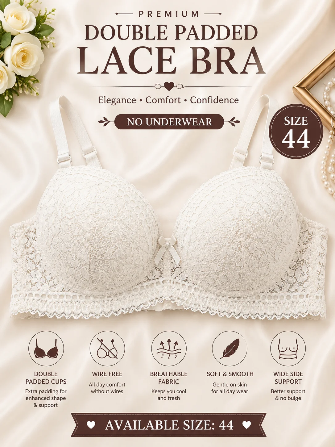 Premium Floral Lace Double Padded Bra – Soft Support | Size 38,44,48
