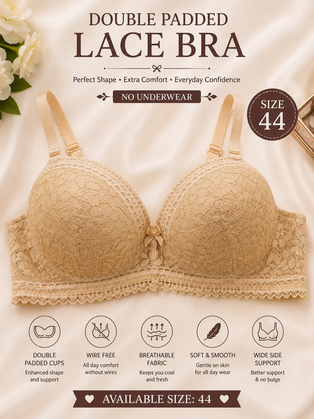 Premium Floral Lace Double Padded Bra – Soft Support | Size 38,44,48