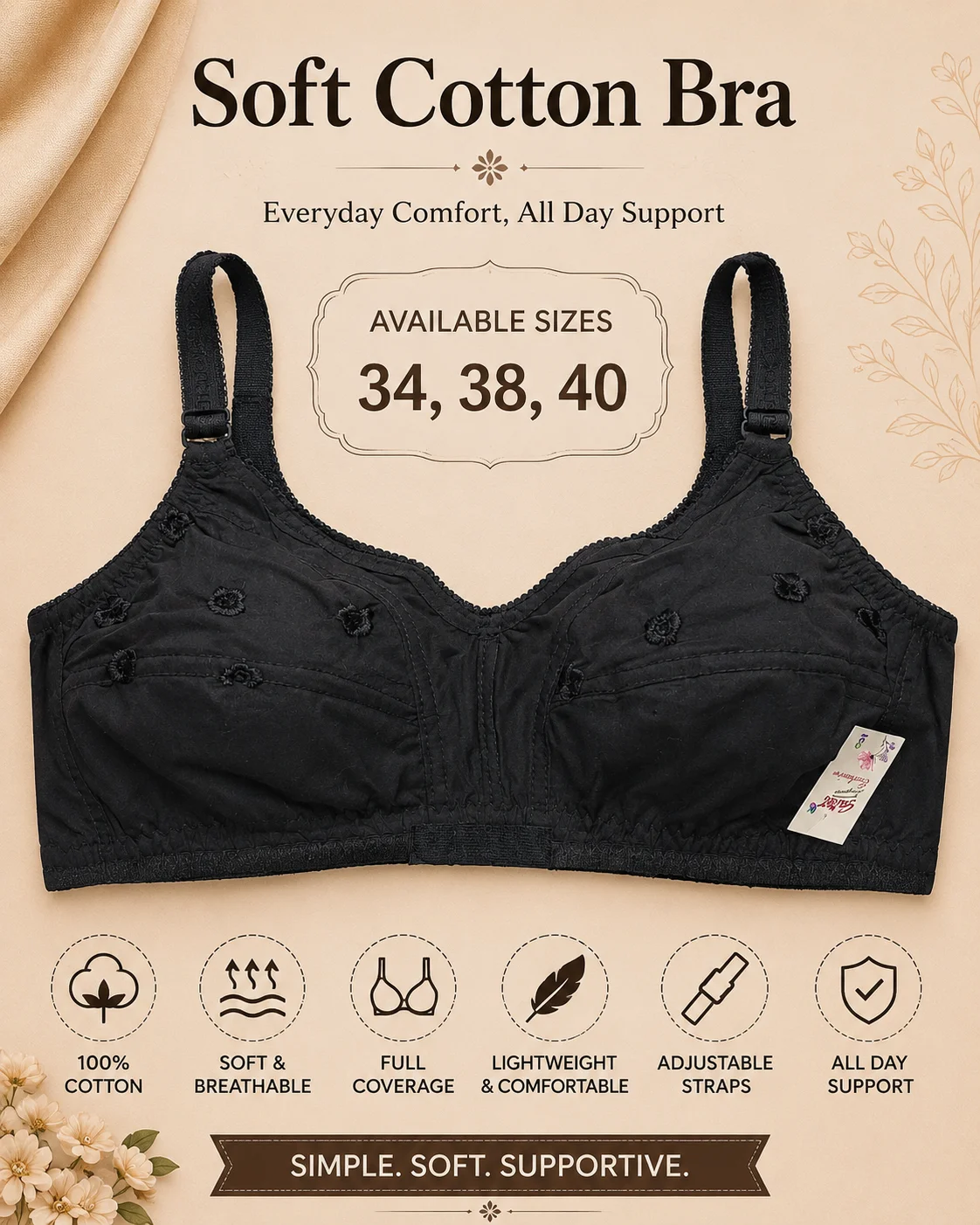 Women's Soft Cotton Full Coverage Bra – Everyday Comfort | Available Sizes: 34, 38, 40