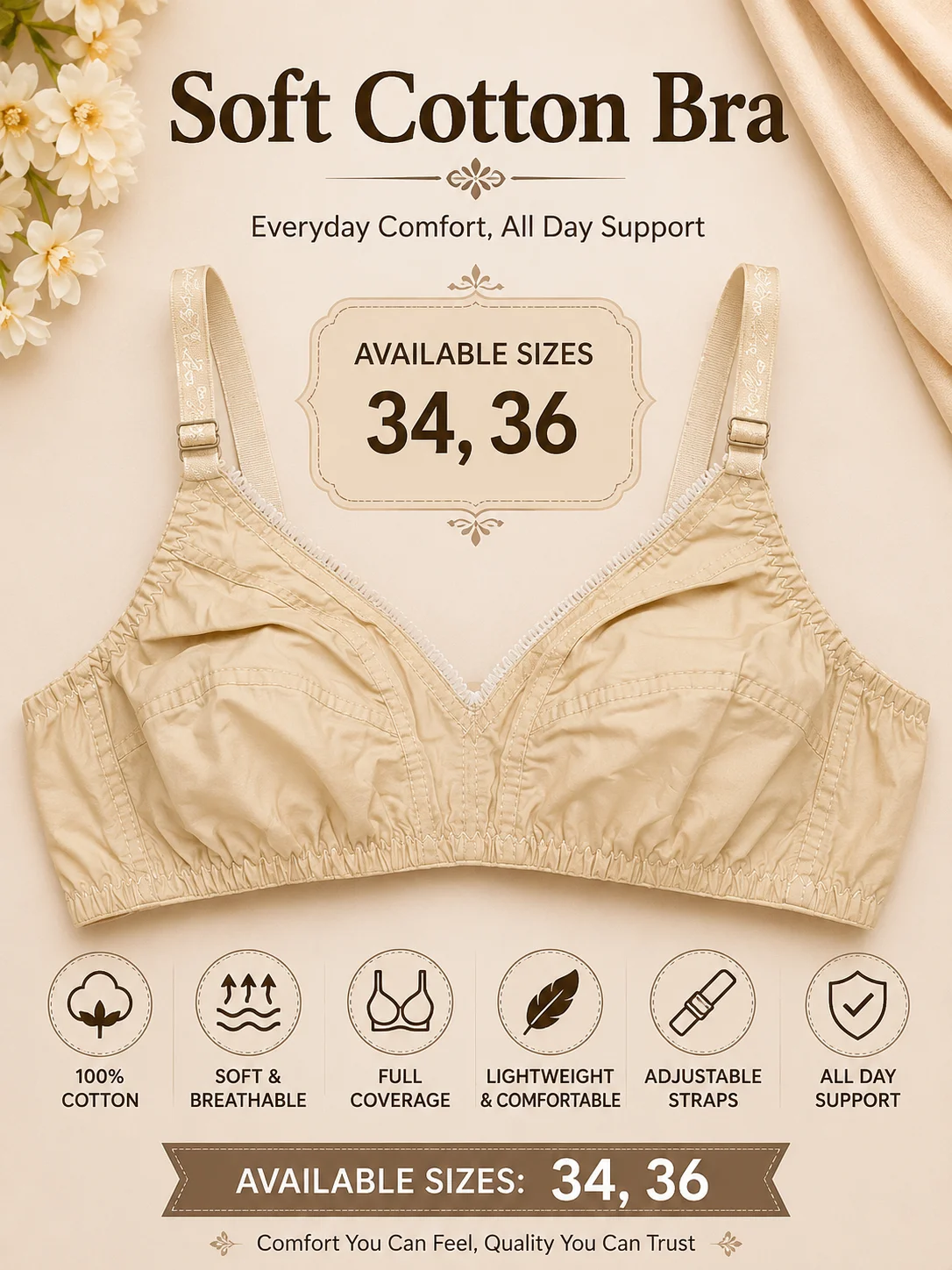 Women's Soft Cotton Full Coverage Bra – Everyday Comfort | Available Sizes: 34, 36