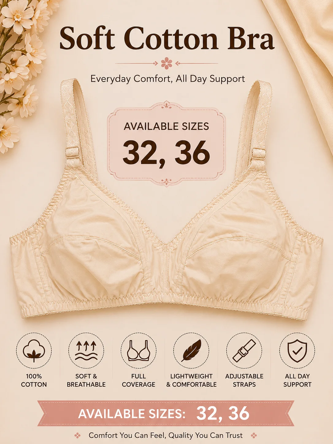 Premium Soft Cotton Everyday Comfort Bra – Skin Color | Available Sizes: 32, 36