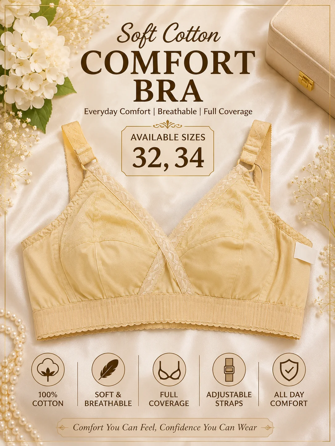 Premium Soft Cotton Comfort Bra – Full Coverage | Available Size 32,34