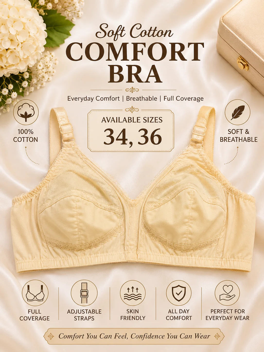 Premium Soft Cotton Comfort Bra – Full Coverage | Sizes 34 & 36