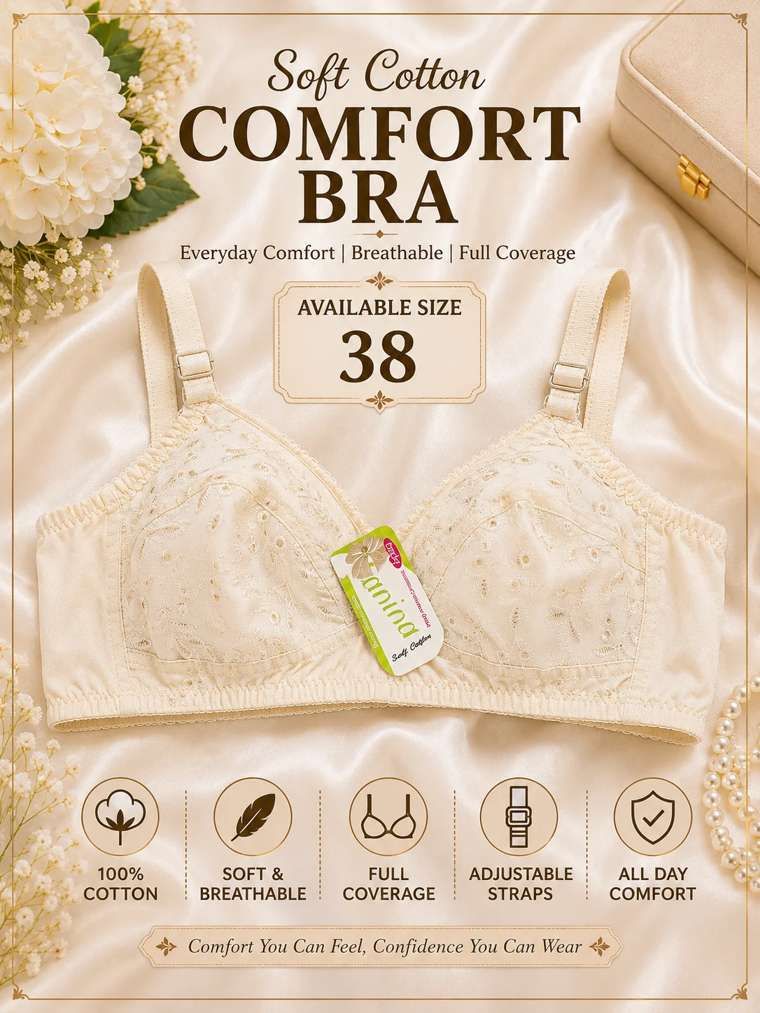 Premium Soft Cotton Embroidered Comfort Bra – Full Coverage | Size 38