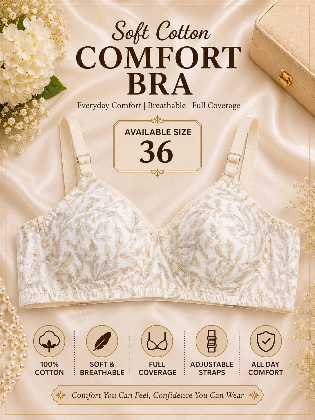 Premium Printed Soft Cotton Comfort Bra – Full Coverage | Size 36