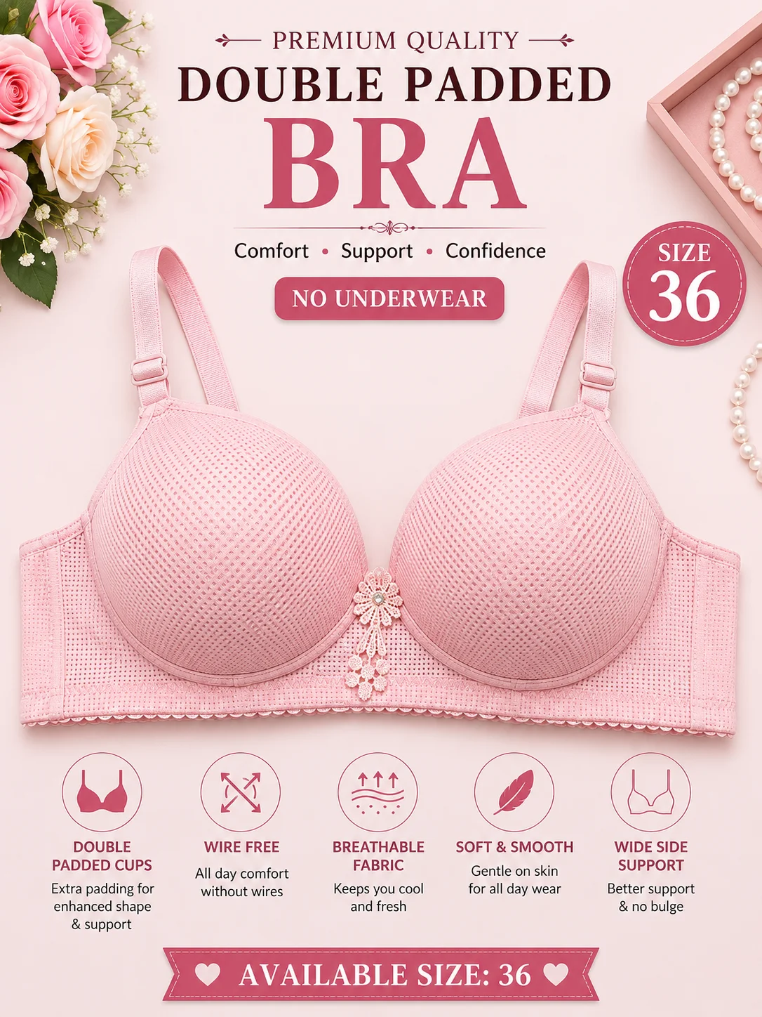 Women's Premium Double Padded Wire-Free Comfort Bra | Soft Breathable Everyday Bra